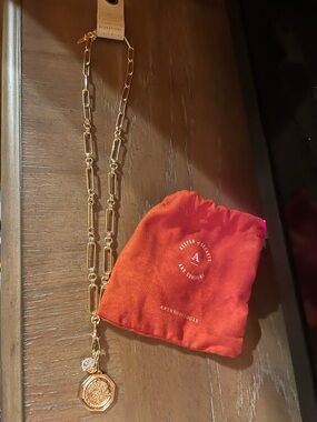 Anthropologie Gold Chain Necklace with Red Drawstring Pouch